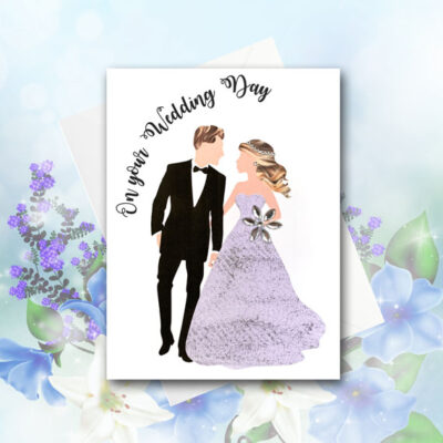 White couple wedding card, choice of wedding dress and hair colour