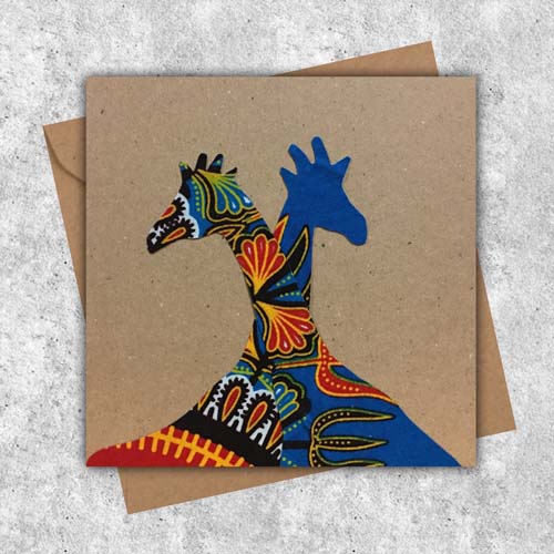 turquoise orange Giraffe card, 2 giraffes in African fabric, friendship card - Image 2