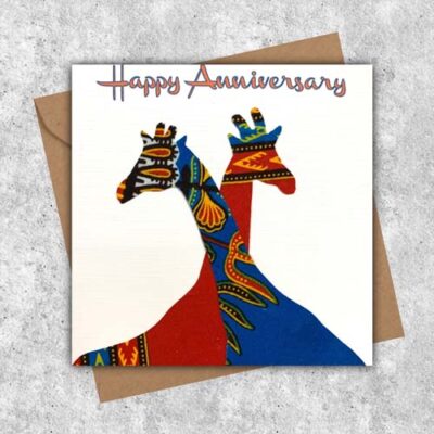 turquoise orange Giraffe card, 2 giraffes in African fabric, friendship card