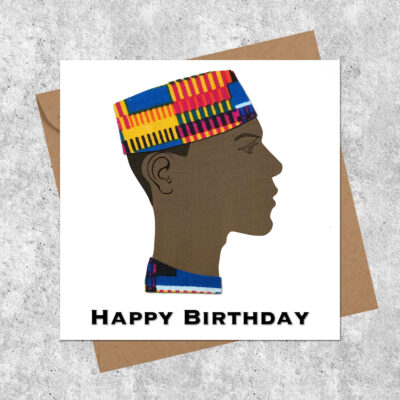 card for men in blue orange kente hat