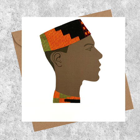 card for men, kofia hat in orange green kente