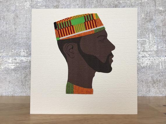 card for men, kofia hat in orange green kente - Image 4
