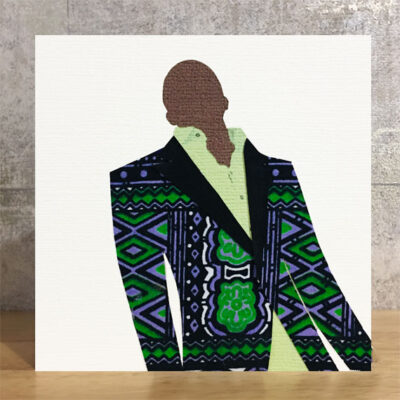 Card for men, purple green dashiki print, skin shade choice, shirt choice