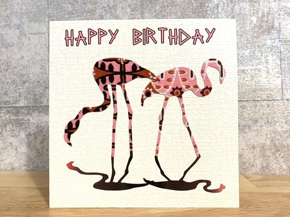 Pink Flamingo card in African fabric