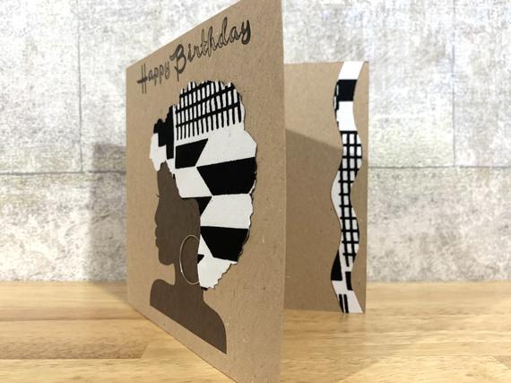 Black and white Afro hair card made with African fabric - Image 3