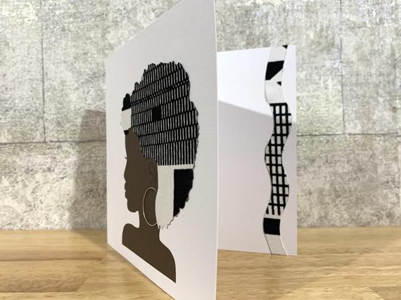 Black and white Afro hair card made with African fabric - Image 4