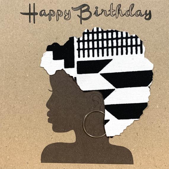 Black and white Afro hair card made with African fabric - Image 5