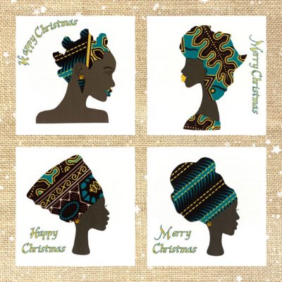 Pack of 4 women Christmas cards, in green gold fabric