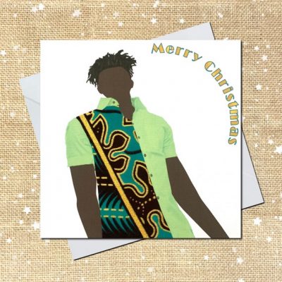 Black man’s personalised Christmas card, hairstyle choice, green gold fabric card