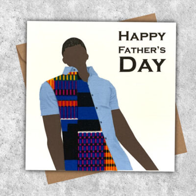 Fathers day card. dark skin man in blue kente shirt