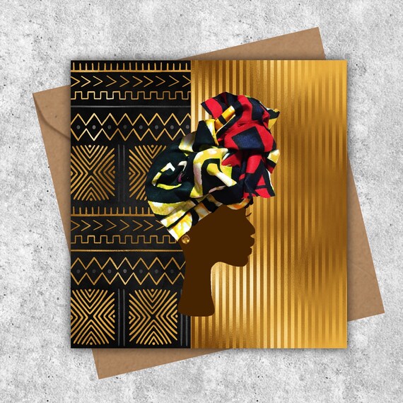 Headwrap women on gold black mud cloth background - PRINTED cards - Image 7