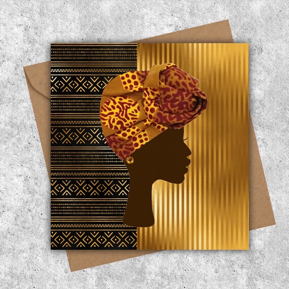 Headwrap women on gold black mud cloth background - PRINTED cards - Image 6
