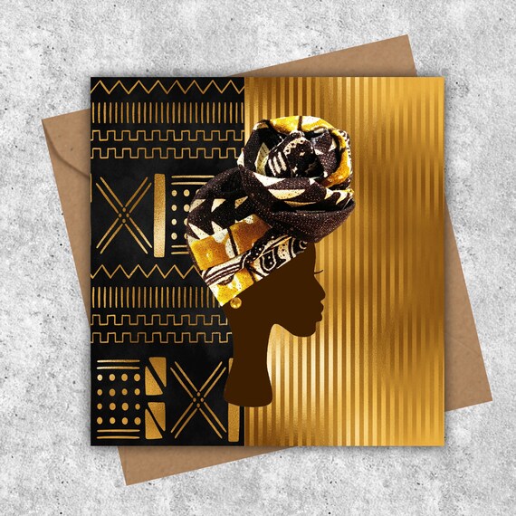 Headwrap women on gold black mud cloth background - PRINTED cards - Image 5