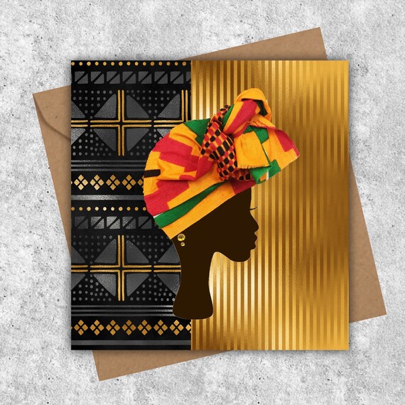 Headwrap women on gold black mud cloth background - PRINTED cards - Image 4