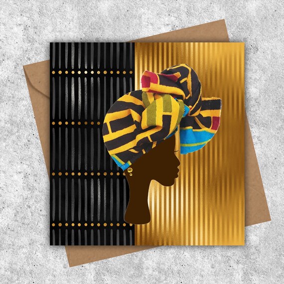Headwrap women on gold black mud cloth background - PRINTED cards - Image 3