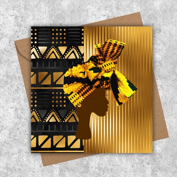 Headwrap women on gold black mud cloth background - PRINTED cards - Image 2