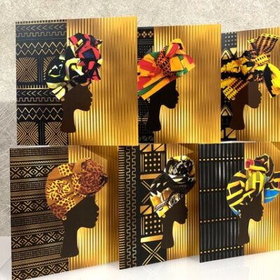 Headwrap women on gold black mud cloth background - PRINTED cards