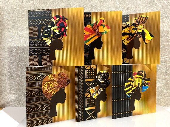 Headwrap women on gold black mud cloth background - PRINTED cards