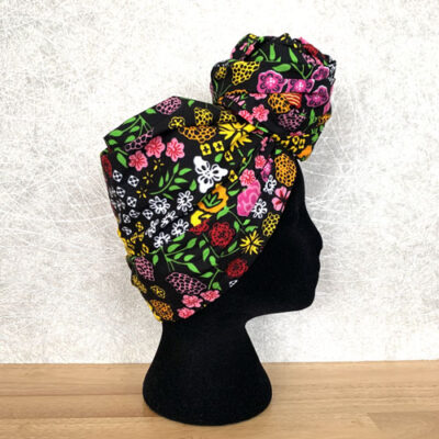 Pink and green floral headwrap, with satin lined option