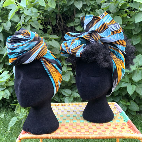 Turquoise and golden yellow headwrap, with satin lined option - Image 2