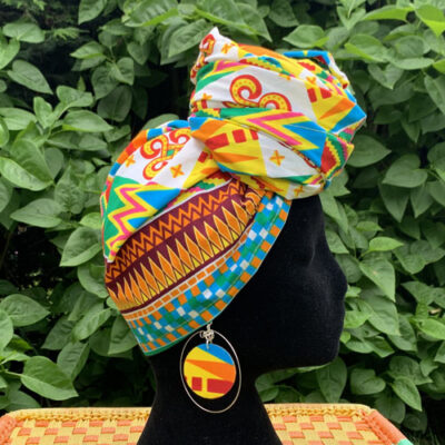 Multi kente headwrap in vibrant primary colours, satin lined option