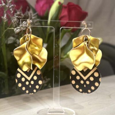Gold petals earrings with contrasting African fabric discs