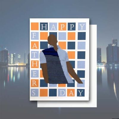 Father’s Day colourful blocks card with blue African fabric shirt or jacket, 2 skin tones