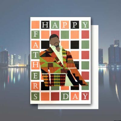 Father’s Day colourful blocks card with kente fabric shirt or jacket, 2 skin tones