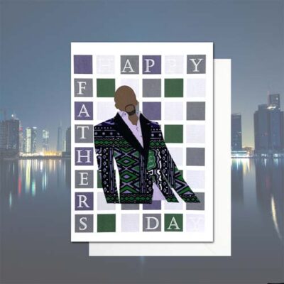 Father’s Day colourful blocks card with purple green African fabric shirt or jacket, 2 skin tones