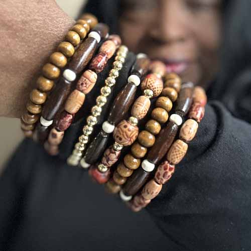 Stacked wooden bead wrap bracelet, layered designs
