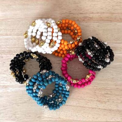 Colourful embellished wooden wrap bracelets