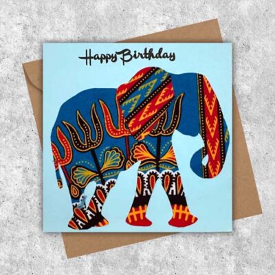 Elephant card in turquoise orange dashiki fabric