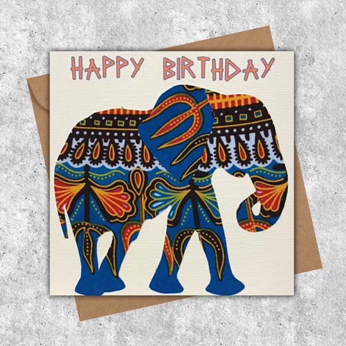 Elephant card in turquoise orange dashiki fabric - Image 3