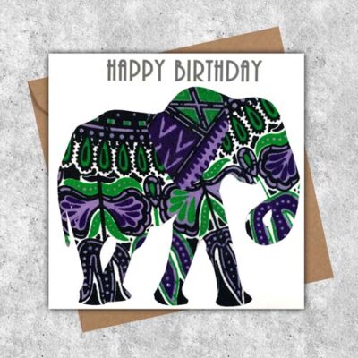 Elephant card in purple green dashiki fabric