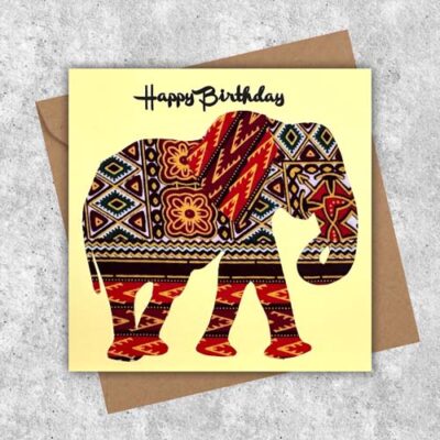 Orange dashiki Elephant card, African print fabric card
