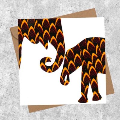 Elephant parent and child card in orange flame pattern fabric