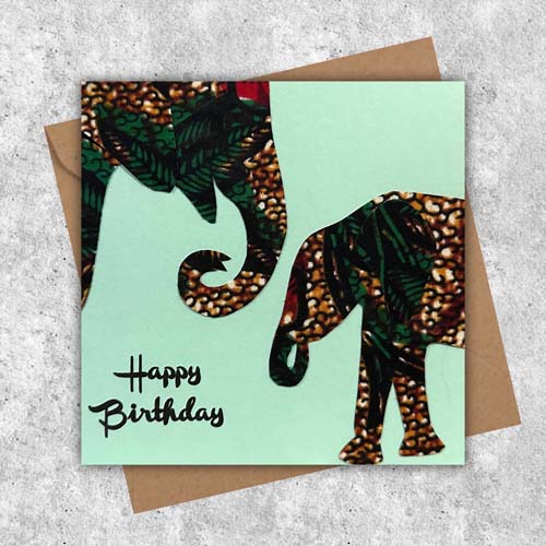Elephant parent and child card made with forest colours African fabric