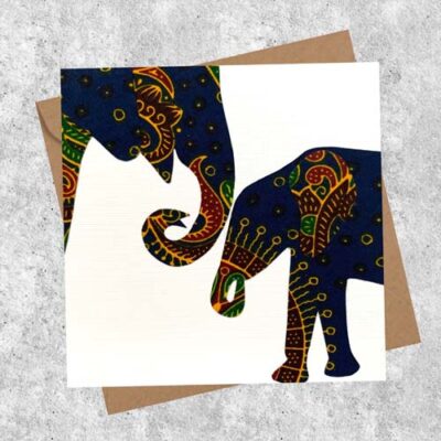 Elephant parent and child card in navy gold African fabric