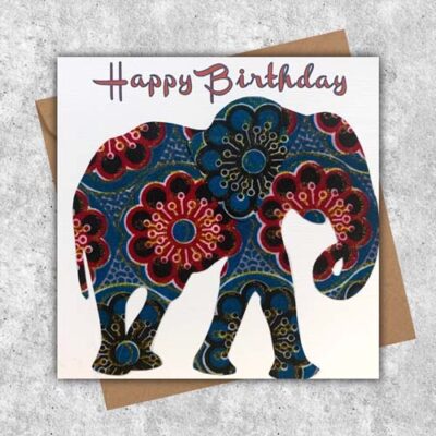 Elephant card in red blue floral multi African print fabric